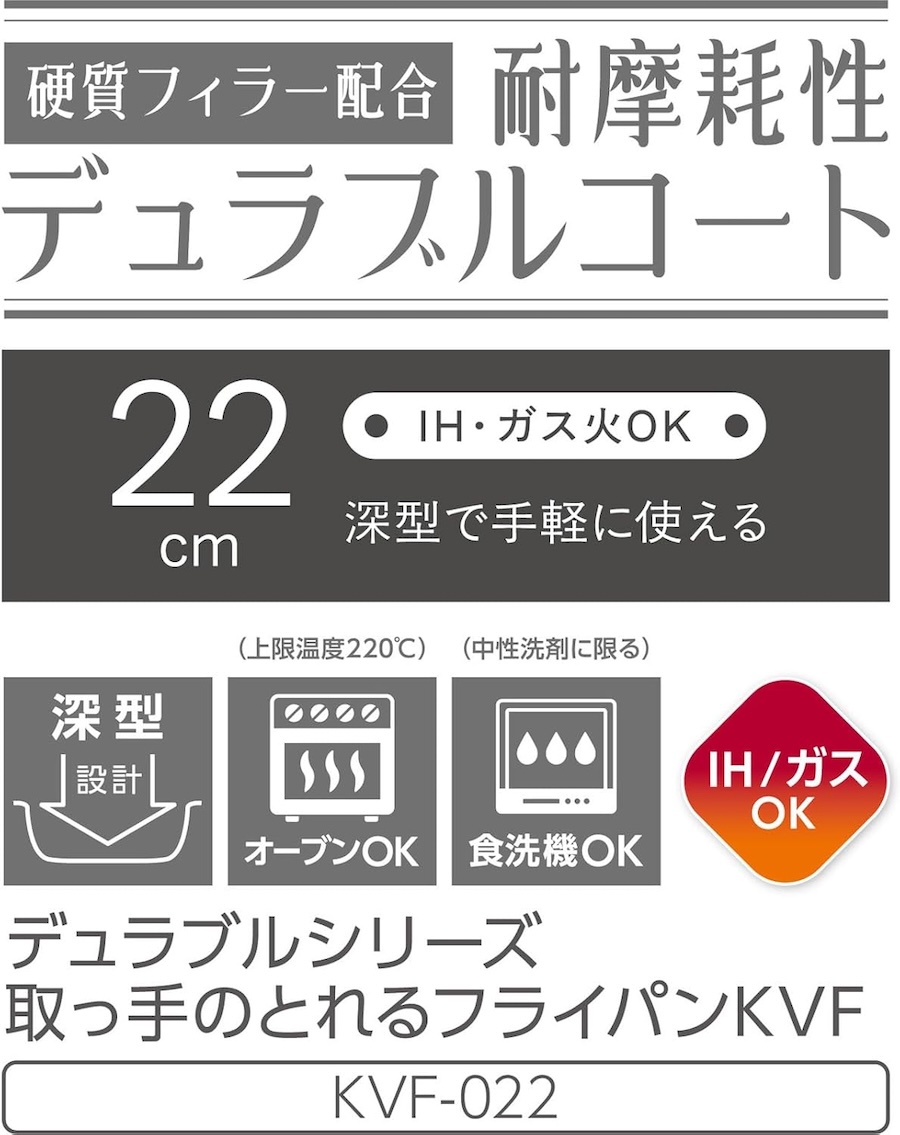 デュラブルシリーズ取っ手のとれるフライパン KVF-022