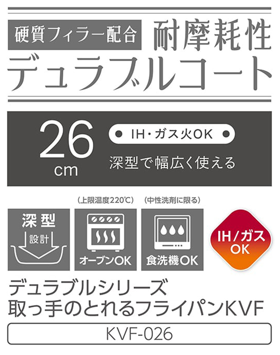デュラブルシリーズ取っ手のとれるフライパン KVF-026